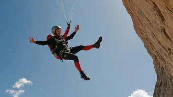 En person i luften, fallskjermhopper med et selvbevisst uttrykk.