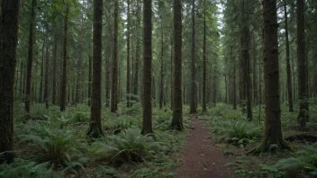 En tett skog med høye trær og mye undervekst.