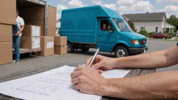 En person som signerer en kontrakt med en leveringsbil i bakgrunnen, som symboliserer forpliktelsen til å levere varer eller tjenester.