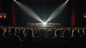 Et fullsatt teater med et mangfoldig publikum som ser på et skuespill, med en lyskaster som lyser opp skuespillerne.