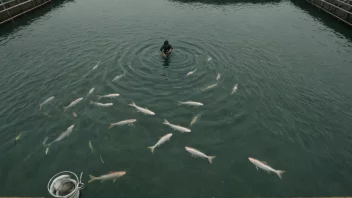 En fiskefarm med fisk som svømmer i vannet og en person som mater dem.