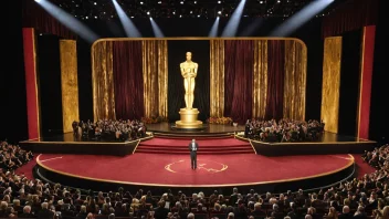 En stor scene med rød løper, et podium og en stor skjerm som viser Oscar-logoen