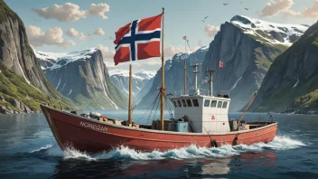 En illustrasjon av en norsk fiskebåt, som representerer landets fiskeindustri og fiskestyrets rolle i å forvalte fiskeriressursene.