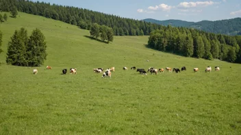 Et idyllisk sommerlandskap med kuer som beiter i en frodig grønn eng