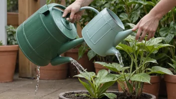 En person heller vann fra en vannkanne over en liten plante i en potte.