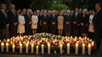 En minneseremoni med mennesker som samles rundt et minnesmerke, med blomster og lys.