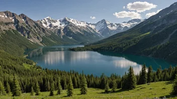 Et malerisk alpinmiljø med en blanding av ruvende fjell, frodige skoger og stille vann.