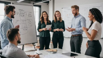 En gruppe mennesker i et moderne kontor, som samarbeider og smiler, med en whiteboard i bakgrunnen som viser et diagram av et positivt arbeidsmiljø.