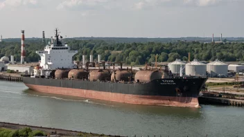 Et skip med en lasterom full av bunkersolje, med en industriell fabrikk i bakgrunnen.