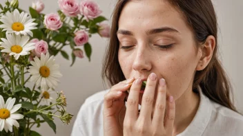 En person er avbildet med lukkede øyne, lukter en blomst og smiler, og illustrerer begrepet sansbare.