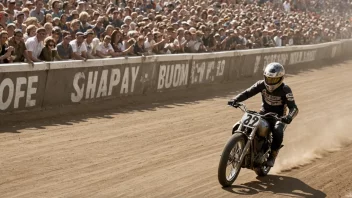 Et speedwayløp på en oval bane med publikum som heier i bakgrunnen.