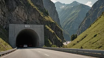 En vegtunnel med biler som kjører gjennom den, omgitt av fjell eller åser.