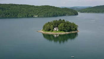 Et fredelig øylandskap med noen hus og trær, omgitt av stille vann.