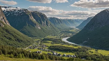 Et pittoreskt landskap av en norsk dal med en liten landsby i bakgrunnen.