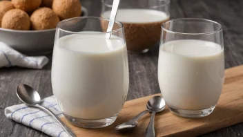 Et glass yoghurt eller kefir med en skje og en bolle melk i bakgrunnen.