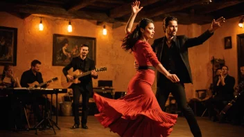 En flamencodanser i en rød kjole, med en vifte i hånden, danser foran en gitarist, med en varm og levende bakgrunn.