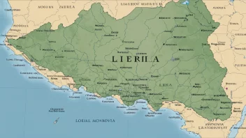 Et kart over Liberia som viser landets geografiske egenskaper og naturressurser.