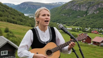 En mann i tradisjonelle norske klær synger en folkesang med et landskap i bakgrunnen.