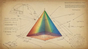 En illustrasjon av lys som passerer gjennom et prisme, med en bakgrunn av optiske instrumenter og diagrammer.