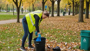 En person i en gul vest rydder opp søppel i en park som en del av sin samfunnstjeneste.