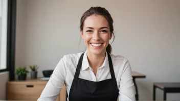 En person i en ny jobb eller starter en ny virksomhet, med et stort smil og en følelse av å ha oppnådd noe.