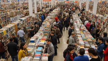 En travel bokmesse med mennesker i alle aldre samlet rundt bokhyller, samtaler med forfattere og forlag.