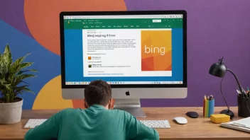 En person som bruker Bing-søkemotoren på en datamaskin