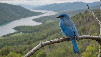 En blå fugl som sitter på en gren med et naturskjønt landskap i bakgrunnen.