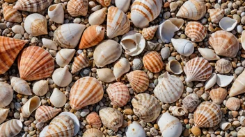 En gruppe skjell på en strand, med solen skinnende ned og lyden av bølger som slår mot kysten.