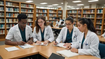 En gruppe medstudenter som studerer sammen i et bibliotek, omgitt av bøker og laptoper.