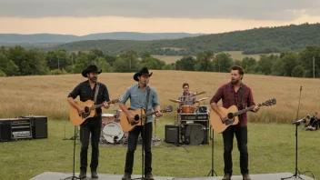 Et countrymusikkband som spiller på scenen med et landlig landskap i bakgrunnen