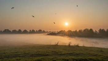 En fredelig morgen scene med en tåkete atmosfære, solen stiger i bakgrunnen, og fugler flyr i luften.