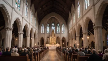 En kirke under en spesiell tid på året, med mennesker samlet for en seremoni eller feiring.