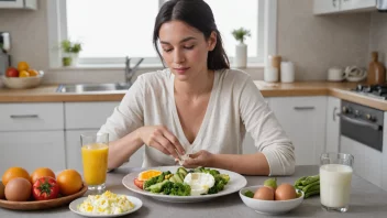 En vegetar som nyter et måltid med plantebaserte matvarer og meieriprodukter.