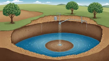 Et bilde av en grunnvannsforekomst, som viser laget av vann under jordoverflaten og en brønn eller pumpe som ekstraherer vann fra det.