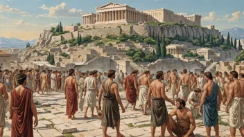 Et bilde av gamle atenere i deres daglige liv, med Akropolis i bakgrunnen.