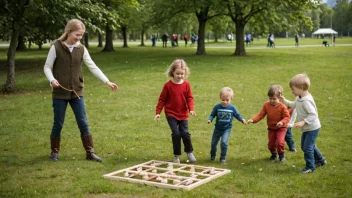 Barn som leker en tradisjonell norsk barneleik i en park.