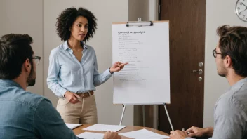 En person står foran en whiteboard og presenterer en liste over forslag til en gruppe mennesker som sitter rundt et bord.