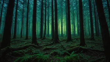 Et surrealistisk og urovekkende bilde av en skog med en unaturlig atmosfære.