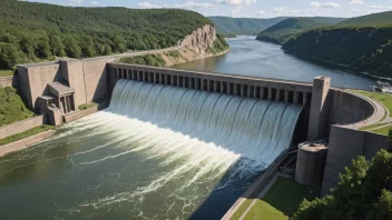 En oppdemning i en elv, med vann som flyter over toppen og et naturskjønt landskap i bakgrunnen.