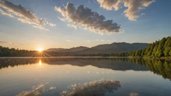 Et fredelig landskap med en rolig vannflate som reflekterer solens stråler, noe som skaper et blendende skue av lys og farge.