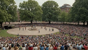 En åpen plass med en scene og en folkemengde, brukt til offentlige arrangementer og sammenkomster.