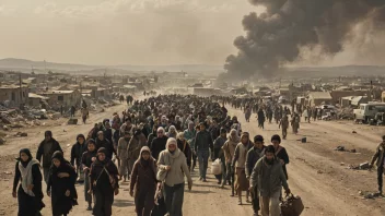 En dramatisk illustrasjon av en masseeksodus fra en by, med mennesker som bærer kofferter og barn, og et ødelagt bylandskap i bakgrunnen.