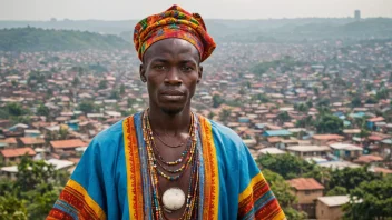 En guineaner i tradisjonelle klær, med en bakgrunn av et guineansk landskap eller bybilde.