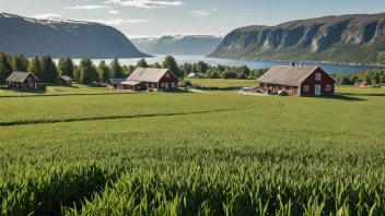 Et bilde av et norsk landbrukslandskap med en gård og åkrer, som symboliserer landbruksstyrets rolle i å regulere landbrukssektoren.