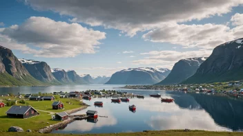 Et pittoreskt sjøsamisk landsby i Norge, med tradisjonelle samiske hus og båter i forgrunnen og et storslått fjordlandskap i bakgrunnen.