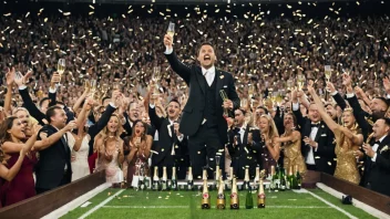 Et luksuriøst fotballstadion med champagneflasker og glass på banen.