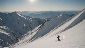 En skiløper som kjører ned en bratt, urørt fjellside med en storslagen utsikt i bakgrunnen.