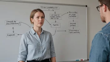 En person i en lederrolle, med et modig og selvbevisst uttrykk, stående foran en whiteboard med et flytdiagram eller et diagram som illustrerer konseptet førstelinjeansvar.