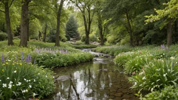 Et fredelig landskap med en person i bakgrunnen, omgitt av beroligende elementer som trær, blomster og en liten bekk.